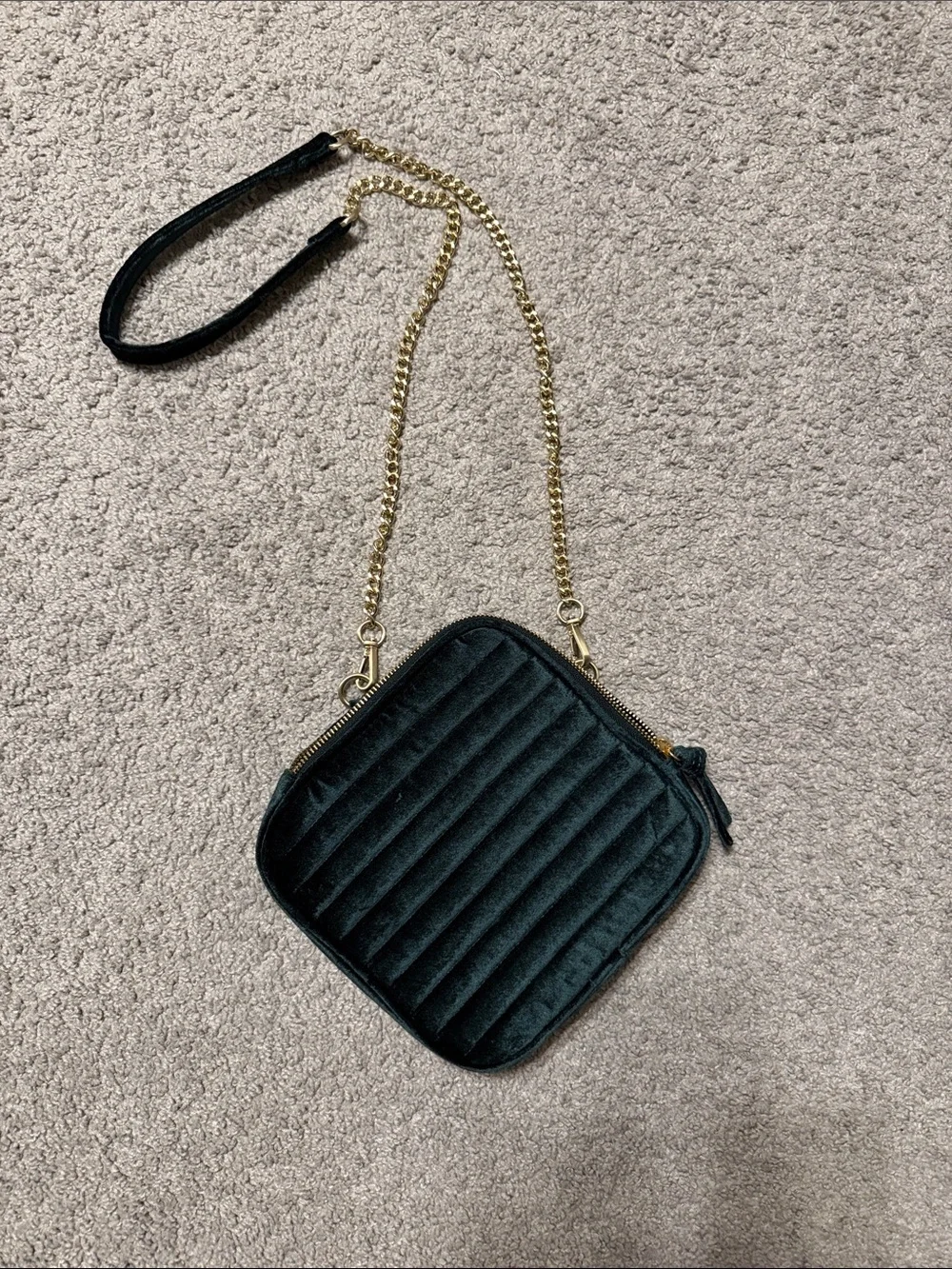 Dark Green Quilted Square Crossbody Bag with Gold Chain